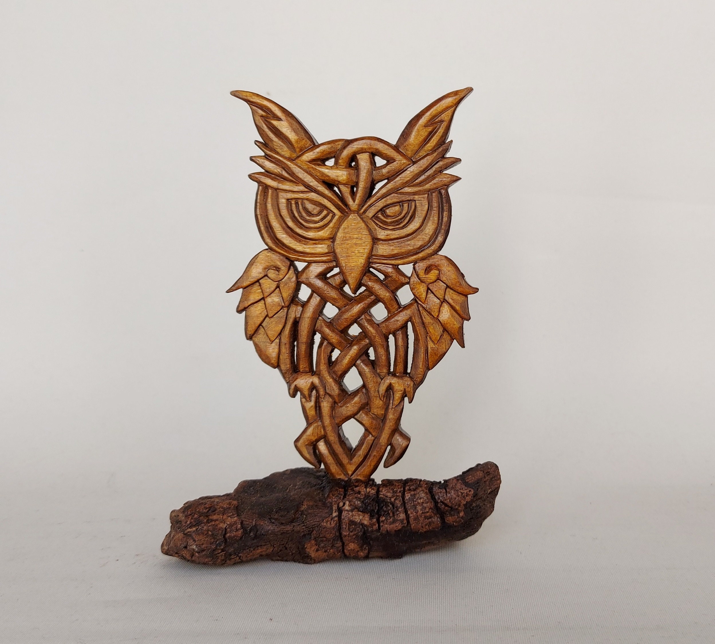 Wood Carved Owl Figurine, Wooden Owl Home Decor, Hand Carved Celtic Owl  Statue