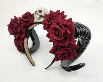 Demon horns headpiece, halo crown,headdress, headpiece,gothic headdress,Demon headband,Skull hairband, Rose hairpiece