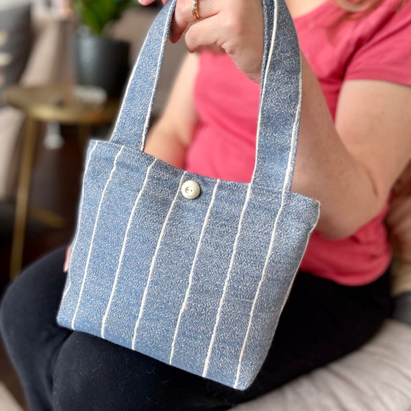 Handmade Small Grey-Blue Pin Striped Tote Bag, Lightweight Upholstery Day to Evening Fabric Handbag, OFAK Washable Structured Shoulder Purse