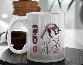 Jumping Fox Personnalisé Mug Aquarelle Noir White Illustration Faune Woodland Fine Art Tasses Café Tea Jar Sumi-e Style Peinture