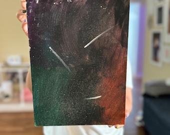 Celestial Symphony - 12" x 9" Vibrant Green and Red Painting