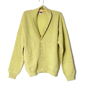 Men&#39;s Wool Lemon Yellow Cardigan, Vintage 80&#39;s 90&#39;s Single Breasted Grandpa Jacket Sweater - size Medium