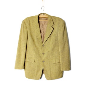 Men&#39;s Yellow Plaid Blazer, Vintage 80&#39;s Lined Preppy Suit Jacket 3 buttons - size Medium
