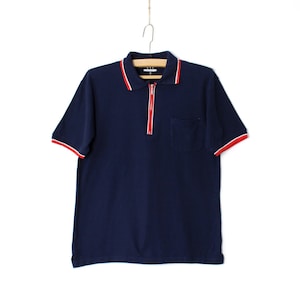 Men&#39;s navy blue polo shirt, 90&#39;s 00&#39;s  zip collar cotton shirt short sleeves, Minimalist everyday shirt - size Medium