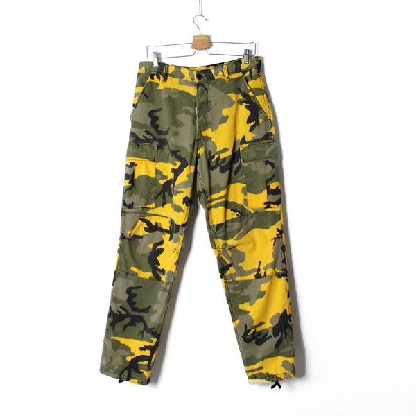 Vintage US Army Cargo Pants, Utility Green Yellow Pants, Camouflage Cargo Pants Pockets, Military Trousers