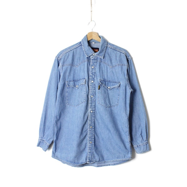 Light Blue Denim Shirt, 90's Vintage Men's Shirt Collared Button Down Long Sleeve Snap Buttons