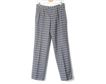 Men Plaid Grey Wool Trousers, Check Wool blend Dress Pleated Pants, Vintage 70's 80's Tapered Leg W 32 L 32