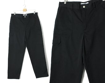 Vintage Black Cargo Pants: 80s 90s Utility Tapered Leg Trousers W36