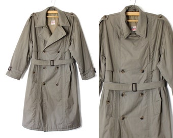 Trench-Coat marron grisâtre vintage pour hommes, manteau espion des années 80 et 90, pardessus ceinturé à double boutonnage