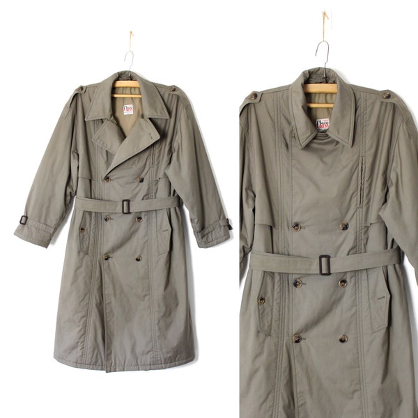 Vintage Men's Greyish Brown Trench Coat, 80's 90's Spy Coat Double Breasted Belted Overcoat