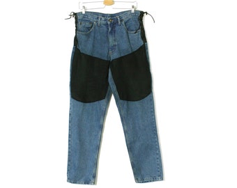 Vintage 90's Biker Lace Up Jeans, Men's Blue Denim And Leather Tapered Leg Jeans