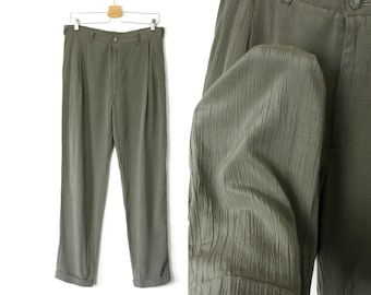 Vintage Olive Pleated Trousers: Creased Effect, Tapered Leg, W32