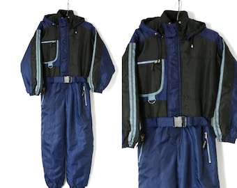 Vintage 80s Blue & Black Insulated Snow Suit: Ski Jumpsuit Coverall