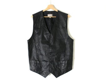 Vintage 80's 90's Men's Black Real Leather Vest Waistcoat