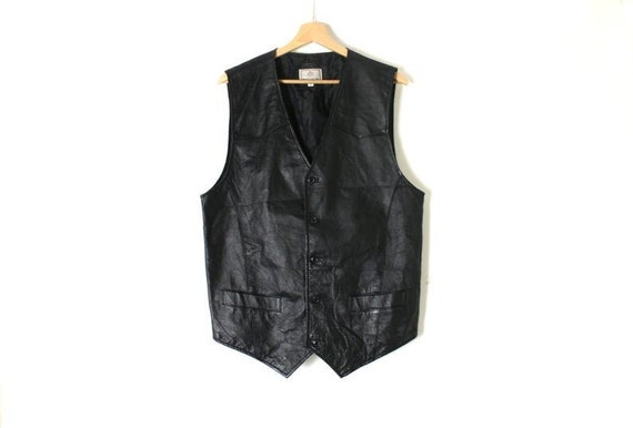 Vintage 80's 90's Men's Black Real Leather Vest W… - image 1