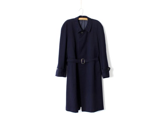 Vintage Dark Blue Wool Trench Coat: 70s-80s Double Breasted Overcoat