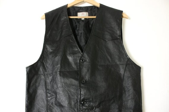 Vintage 80's 90's Men's Black Real Leather Vest W… - image 2