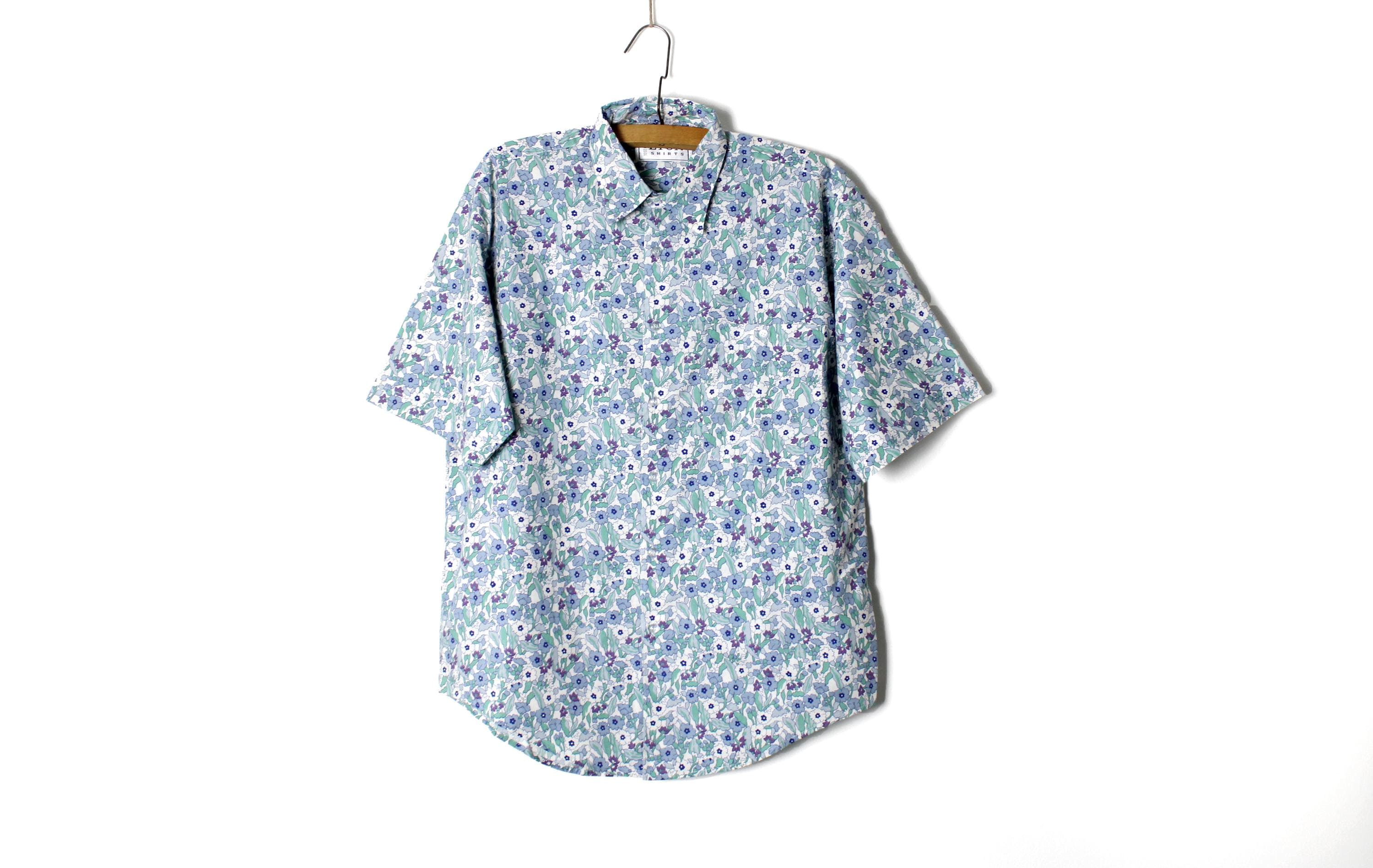 Eton, Vintage ETON 90's Floral Cotton Shirt, Blue Green White Flower Print, Art Deco Collared Button Down