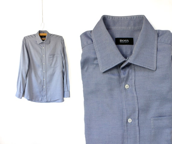 Men HUGO BOSS Dress Shirt, Blue Pocket Shirt, 90's Collared Button Down Long Sleeve