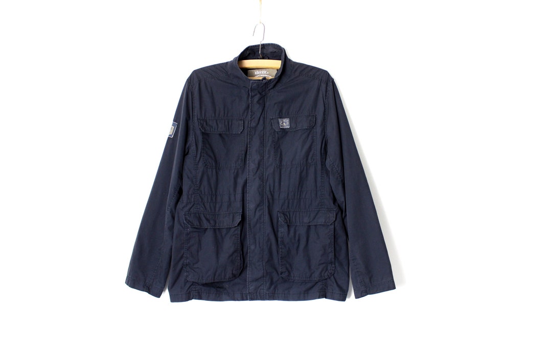 Men's Vintage Dark Blue Jacket, 90's Work Full Zip Coat Patch Pockets ...