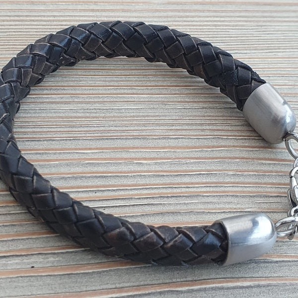 FIJI Vintage Brown Flat Braided Leather Bracelet Men with Stainless Steel Lobster Clasp/Gift idea/ Bruin Heren Gevlochten Leer Armband