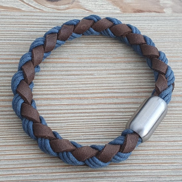 CRETE Brown-Blue Round Woven Leather Bracelet Men with Stainless Steel Magnetic Lock/ Gift idea/ CRETE Bruin-Beige Heren Rond Leer Armband