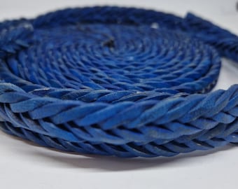 Real Flat Braided Leather Cord in different Colors - Blue  15mm