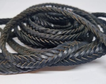 Real Flatl Braided Leather Cord in different Colors  - Black 11x 6mm