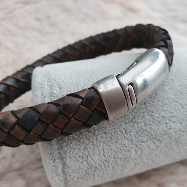 Bora Dark Brown Braided Leather Bracelet Men with Stainless Steel Magnetic Clasp/Gift for Him/Vintage Bruin Heren Gevlochten Leer Armband