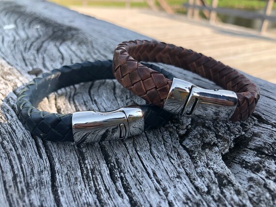 Leather bracelet for men with stainless steel magnetic closure