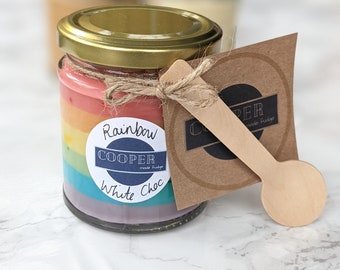 Spreadable FUDGE, Jar of spread. Salted Caramel, Rainbow White Chocolate, 200ml, Spoonable Gift