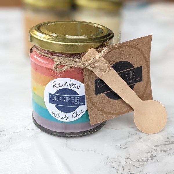 Spreadable FUDGE, Jar of spread. Salted Caramel, Rainbow White Chocolate, 200ml, Spoonable Gift