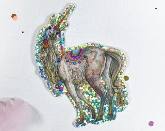 Autocollant licorne scintillant, autocollant en vinyle holographique, autocollant de scrapbooking animal lama, autocollant d’ordinateur portable licorne, décor d’ordinateur portable cadeau licorne irlandaise