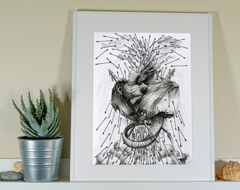 Dragon drawing, original dragon artwork, hand made fantasy art dragon illustration, dragon gift, wall decor fantasy gift for dragon lovers