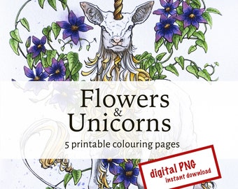 Flowers and Unicorns - Set of 5 unicorn coloring pages, adult coloring book pages, instant download printable fantasy coloring for adults