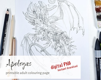 Dragon & Doves digital download printable fantasy coloring page, adult coloring book page, print at home instant download dragon coloring