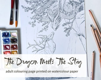 Dragon and Deer coloring page, stag adult coloring book page, fantasy watercolor coloring for adults, dragon fantasy coloring sheet