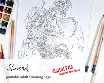 Dragon sword instant download coloring page, digital dragon adult coloring book page, fantasy dragon floral png file coloring for adults