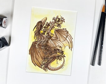 Peinture à l'encre originale de dragon avec éclat d'or, oeuvre originale de cadeau fantastique, cadeau de dragon d'art irlandais, cadeau d'image fantastique d'art de dragon scintillant