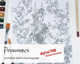 Page de coloriage de téléchargement instantané de dragon et de corbeaux, page de livre de coloriage adulte de dragon numérique, corbeau de corbeau et roses de fichier png à colorier pour adultes