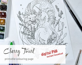 Página para colorear de dragón y unicornio: Fantasía de flor de cerezo (Descarga digital)