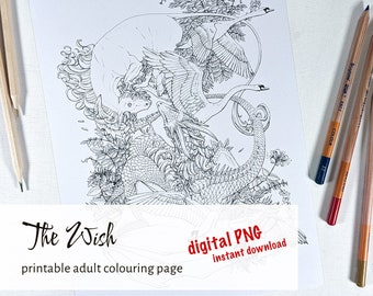 Dragon et licorne Téléchargement instantané coloriage page, page de livre de coloriage adulte dragon numérique, licorne png fichier coloriage floral pour adultes