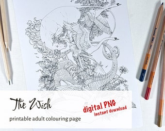 The Wish - Dragon and Unicorn Fantasy Coloring Page (Digital Download)