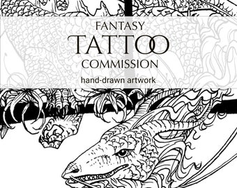 Tattoo Design Commission, hand drawn personalized tattoo design, custom tattoo art, fantasy tattoo art, dragon tattoo, animal tattoo