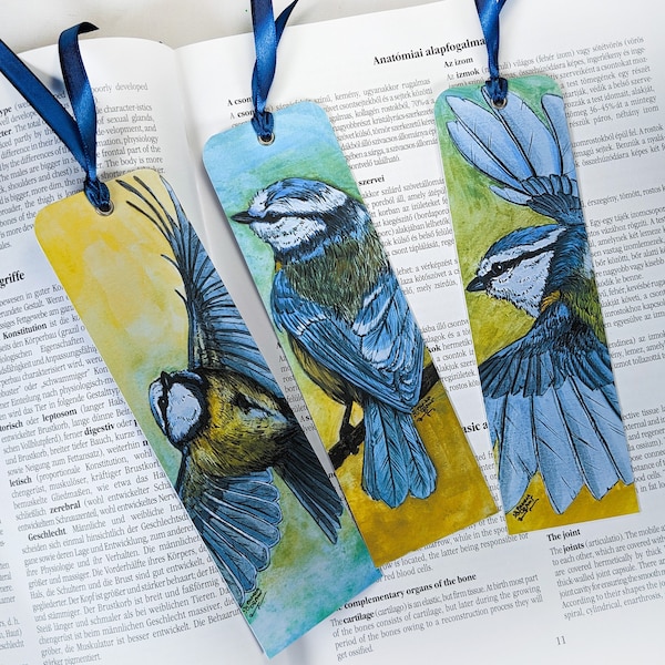 Marque-page oiseau avec ruban bleu pour grands livres, marque-page en papier extra épais avec mésange bleue, marque-page en papier oiseau de jardin avec ruban