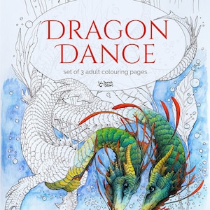 Dragon Dance - Set of 3 adult coloring pages, coloring book pages, fantasy coloring book, dragon coloring for adults, fantasy coloring set