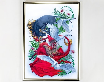 Dragon and unicorn art print, dragon illustration, unicorn wall art with flowers, floral fantasy print, signed art gift home decor poster