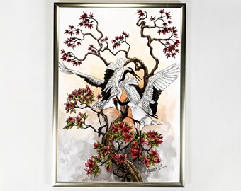 Japanese cranes art print, Japanese watercolor bird painting printed artwork, Japanese maple floral art print, oriental decor gift