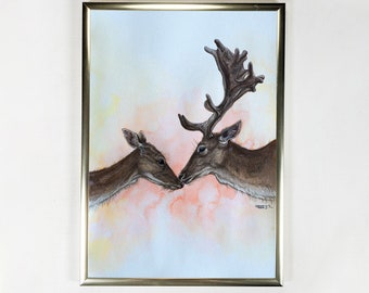 Tirage d’art d’enterrement de vie de garçon et de biche, illustration de cerf, cadeau de Saint-Valentin art de cerf, impression d’art animal, cadeau d’art signé pour anniversaire, cadeau d’amour