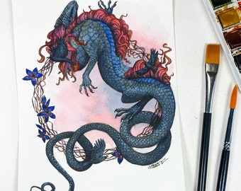 Peinture originale d’aquarelle de dragon et de corbeau, cadeau de dragon oriental pour les amateurs de fantaisie, illustration de dragon bleu, cadeau d’art de dragon unique